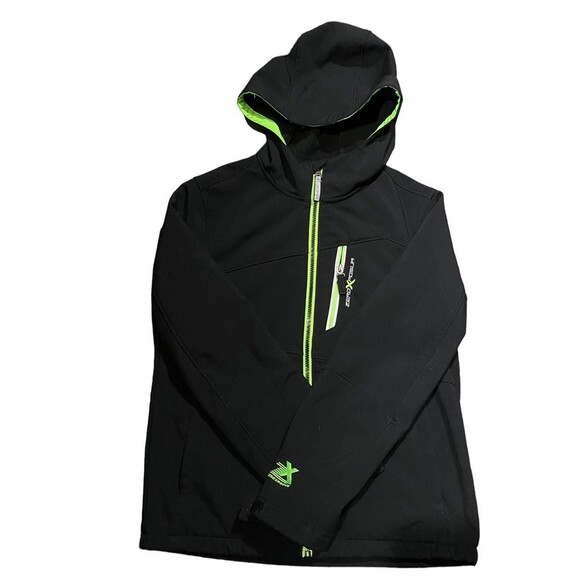 ZeroXposur L (14/16) Soft Shell Black neon green Hooded Jacket Water Wind Resist - Picture 1 of 10